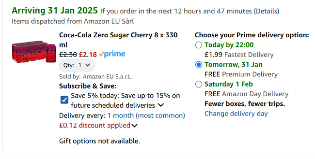 Screenshot showing Coca-Cola Zero Sugar Cherry 8 x 330 ml for £2.18 at Amazon
