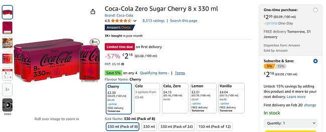 Screenshot showing Coca-Cola Zero Sugar Cherry 8 x 330 ml for £2.18 at Amazon