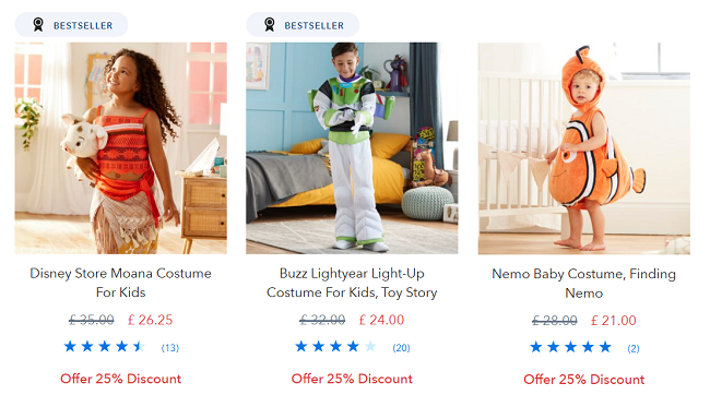 Screenshot showing reduced costumes at Disney Store