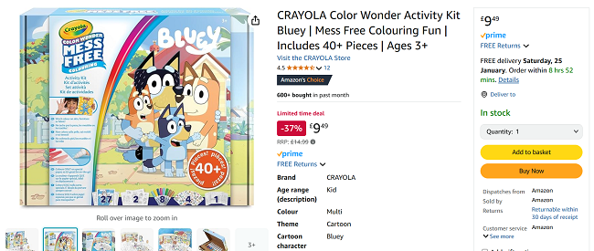 Screenshot showing Crayola Bluey Colour Wonder Activity Set for £9.49 at Amazon