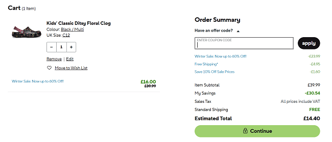 Screenshot showing extra 10% off crocs sale applied at checkout