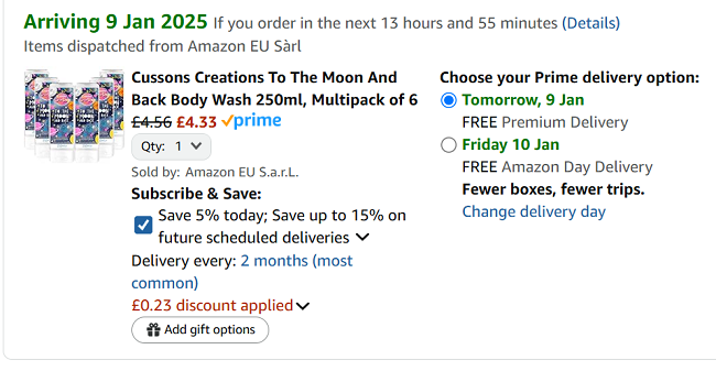 Screenshot showing Cussons Creations To The Moon And Back Body Wash 250ml, Multipack of 6 for £4.33 at Amazon