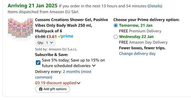 Screenshot showing Cussons Creations Shower Gel, Positive Vibes Only Body Wash 250 ml, Multipack of 6 for £3.61 at Amazon