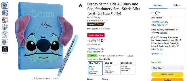 Screenshot showing Disney Stitch Blue Fluffy A5 Diary & Pen Set for £10.74 at Amazon / Get Trend