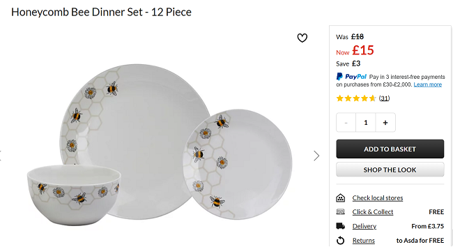 Screenshot showing Honeycomb Bee 12 Piece Dinner Set for £15 at Asda George