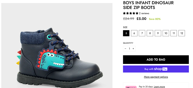Screenshot showing Kids Infant Dinosaur Side Zip Boots for £5 at You Know Who's