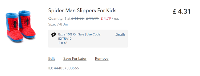 Screenshot showing extra 10% off sale code applied on Spider-an kids slippers at Disney Store.
