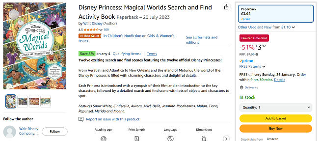 Screenshot showing Disney Princess: Magical Worlds Search and Find Activity Book for £3.92 at Amazon