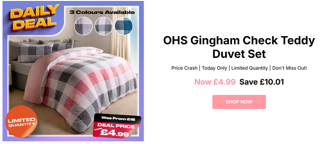 Screenshot showing Daily Deal: Gingham Check Teddy Duvet Set from £4.99 at Online Home Shop