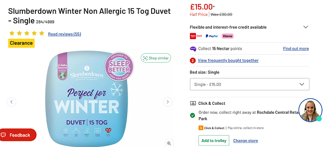 Screenshot showing Slumberdown Winter Non Allergic 15 Tog Duvet for £15 at Argos