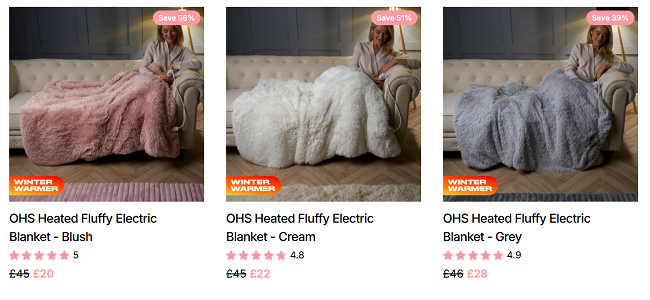 Screenshot showing Heated Fluffy Electric Blankets from £20 at Online Home Shop