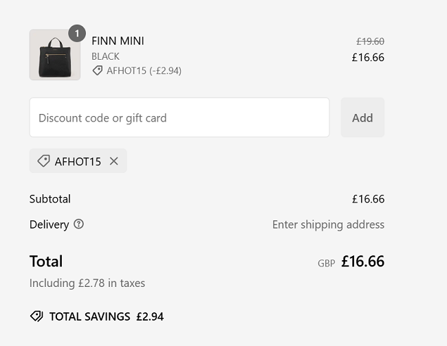 Screenshot showing Finn Backpack for £16.66 with code at Fiorelli