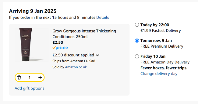 Screenshot showing Grow Gorgeous Intense Thickening Conditioner 250ml for £2.50 at Amazon
