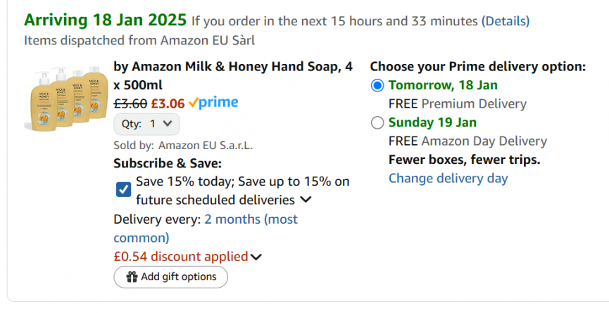 Screenshot showing by Amazon Milk & Honey Hand Soap, 4 x 500ml for £3.06 at Amazon