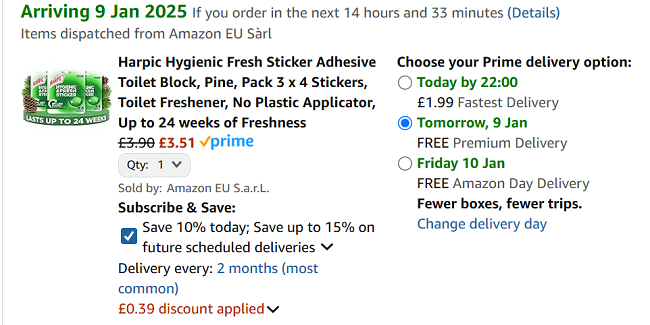 Screenshot showing Harpic Hygienic Fresh Sticker Adhesive Toilet Block Pine Pack 3 x 4 Stickers for £3.51 at Amazon