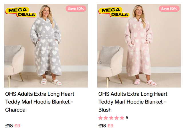 Screenshot showing OHS Adults Extra Long Heart Teddy Marl Hoodie Blanket for £9 at Online Home Shop