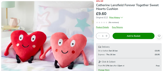 Screenshot showing Catherine Lansfield Forever Together Sweet Hearts Cushion for £9.60 at Dunelm