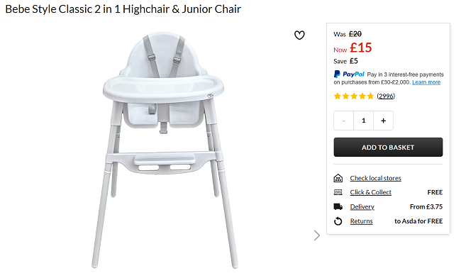 Screenshot showing Bebe Style Classic 2 in 1 Highchair & Junior Chair for £15 at Asda George