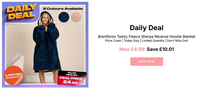 Screenshot showing Daily Deal: Brentfords Teddy Fleece Sherpa Reverse Hoodie Blanket Navy or Blush £4.99 at Online Home Shop