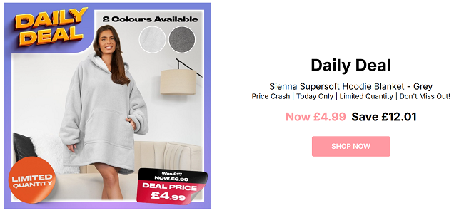 Screenshot showing Daily Deal: Sienna Supersoft Adults Hoodie Blanket Grey £4.99 at Online Home Shop