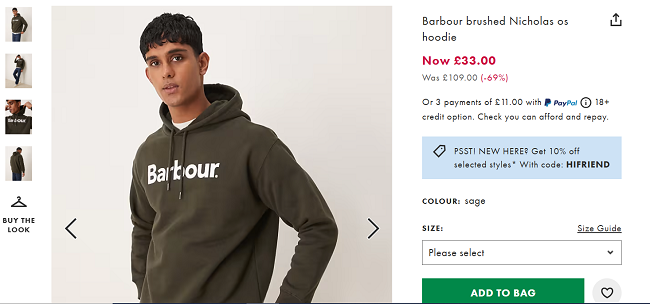 Screenshot showing Barbour brushed Nicholas hoodie for £33 at ASOS