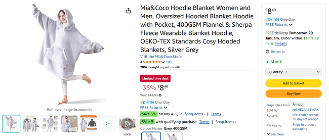 Screenshot showing Mia&Coco Oversized Hooded Blanket for £8.49 at Amazon / Homecare Mark