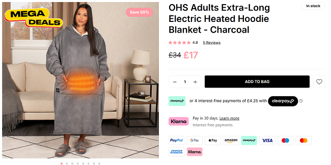 Screenshot showing Adults Extra-Long Electric Heated Hoodie Blanket for £17 at Online Home Shop