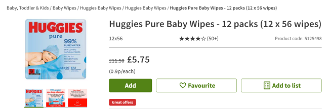 Screenshot showing Huggies Pure Baby Wipes - 12 packs (12 x 56 wipes) for £5.75 at Asda