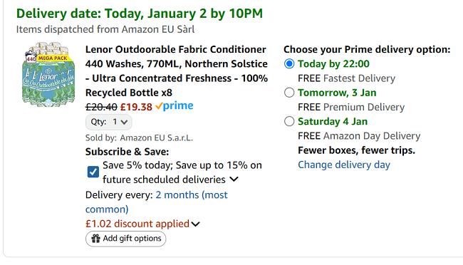 Screenshot showing Lenor Outdoorable Fabric Conditioner 440 Washes for £19.38 at Amazon