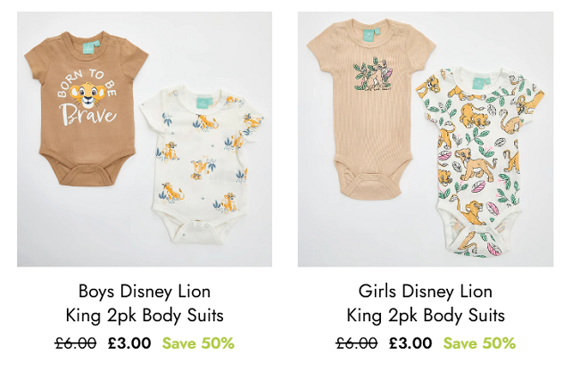 Screenshot showing Disney Lion King Body Suits 2 Pack for £3 at You Know Who's
