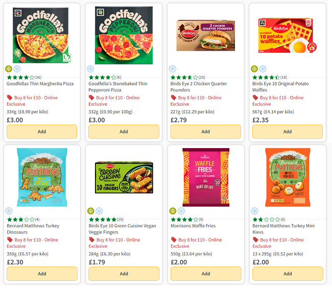 Screenshot showing 8 for £10 Frozen Food Mix & Match Offer at Morrisons