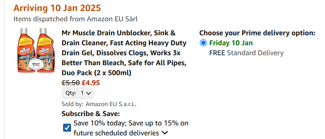 Screenshot showing Mr Muscle Drain Unblocker, Sink & Drain Cleaner Duo Pack (2 x 500ml) for £4.95 at Amazon