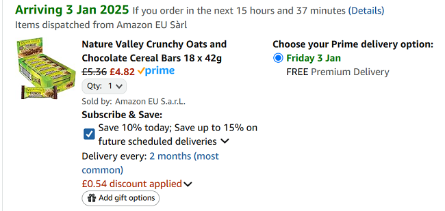 Screenshot showing Nature Valley Crunchy Oats and Chocolate Cereal Bars 18 x 42g for £4.82 at Amazon