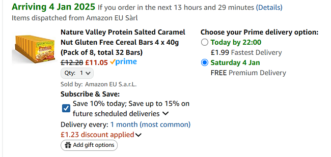 Screenshot showing Nature Valley Protein Salted Caramel Nut Gluten Free Cereal Bars 4 x 40g (Pack of 8, total 32 Bars) for £11.05 at Amazon