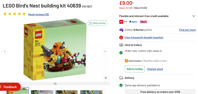 Screenshot showing LEGO Bird's Nest Set 40639 for £9 at Argos
