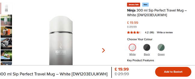 Screenshot showing Ninja 300 ml Sip Perfect Travel Mug for £19.99 at Ninja Kitchen