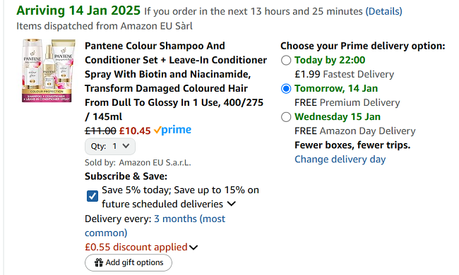 Screenshot showing Pantene Colour Shampoo + Conditioner + Leave-In Conditioner Spray set for £10.45 at Amazon
