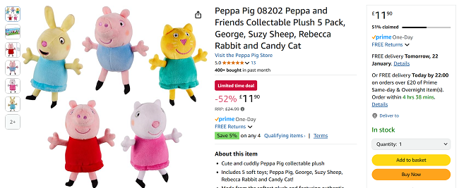 Screenshot showing Peppa Pig Peppa and Friends Collectable Plush 5 Pack for £11.90 at Amazon