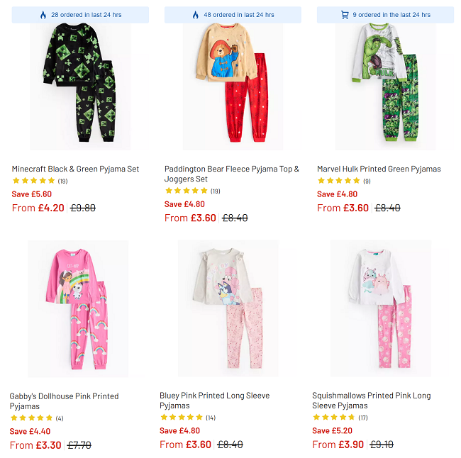 Screenshot showing reduced kids pyjamas at Argos 