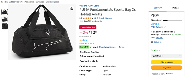 Screenshot showing PUMA Fundamentals Sports Bag Xs Holdall for £10.80 at Amazon