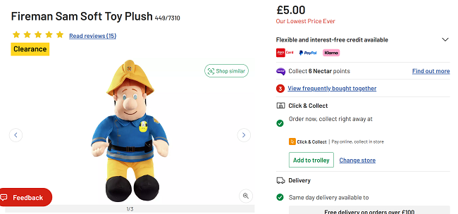 Screenshot showing Fireman Sam Soft Toy Plush for £5 at Argos