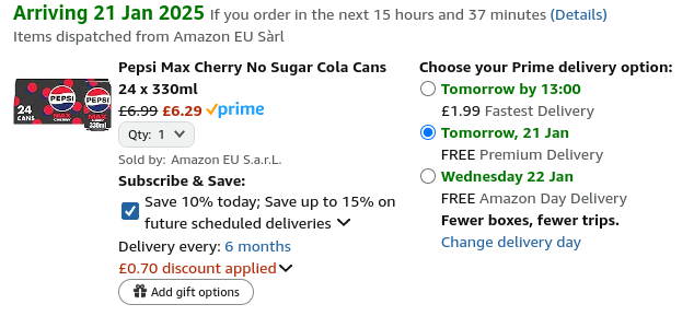 24 x Pepsi Max Cherry 330ml Cans £6.29 @ Amazon