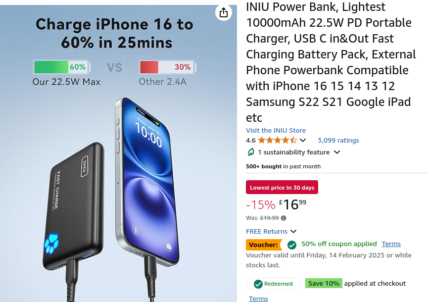 INIU Power Bank £6.79 with voucher and code @ Amazon Seller