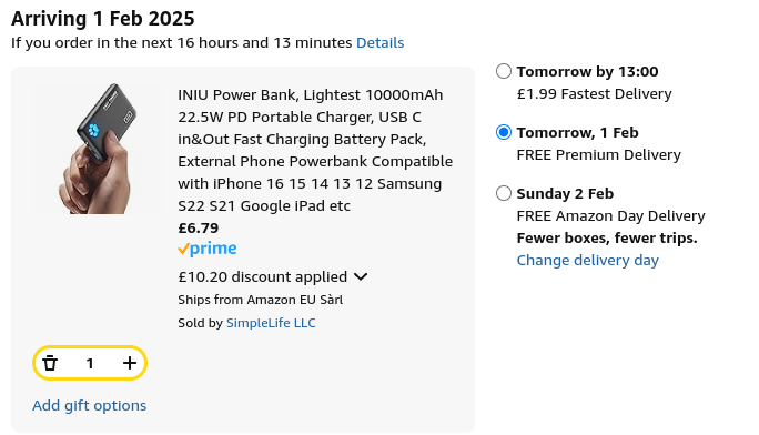 INIU Power Bank £6.79 with voucher and code @ Amazon Seller