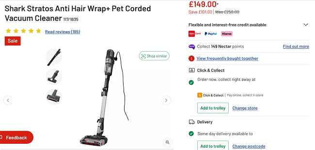 Screenshot showing Shark Stratos Anti Hair Wrap+ Pet Corded Vacuum Cleaner for £149 at Argos