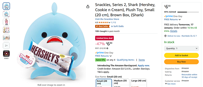 Screenshot showing Snackles Shark Hershey Cookie n Cream Plush Toy Small for £6.90 at Amazon