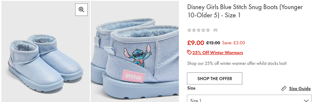 Screenshot showing Disney Blue Stitch Snug Boots from £9 at Matalan