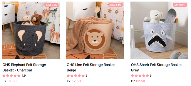 Screenshot showing Kids Animal Storage Baskets for £2.50 each at Online Home Shop