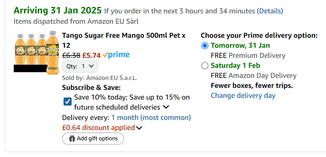 Screenshot showing Tango Sugar Free Mango 12 x 500ml Bottles for £5.74 at Amazon