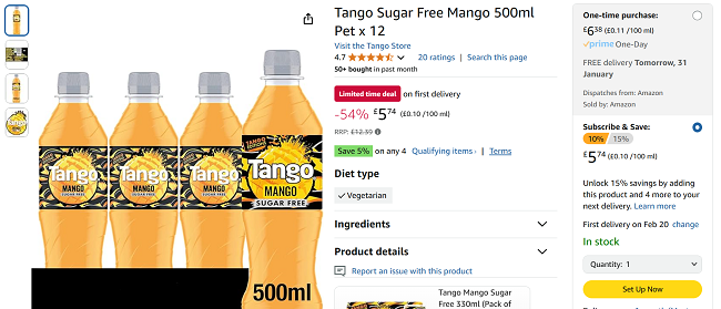 Screenshot showing Tango Sugar Free Mango 12 x 500ml Bottles for £5.74 at Amazon